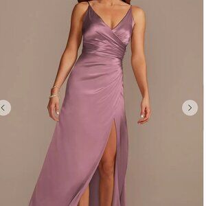 David's Bridal Pink Ruched Wrap Gown for Wedding Guests